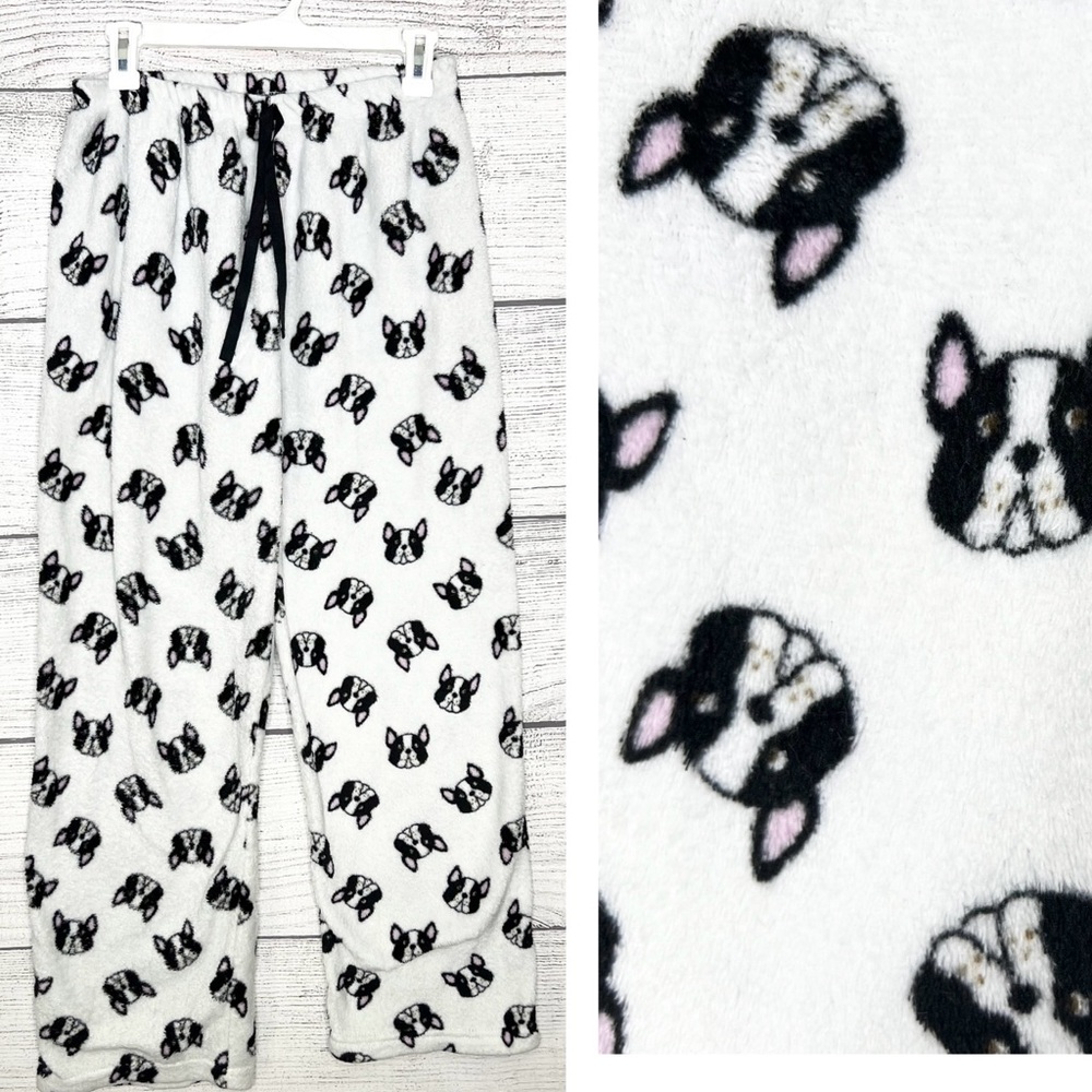 Boston Terrier Frenchie Dog Print Plush Pajama Pants Size Large Black & White